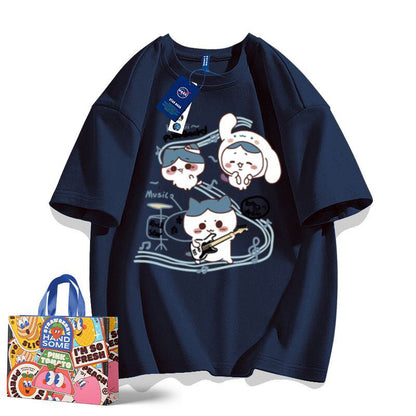 「tops」ちいかわ ハチワレ ギター キャラクター プリント 男女兼用 ラウンドネック 半袖Ｔシャツ 7色YS8513