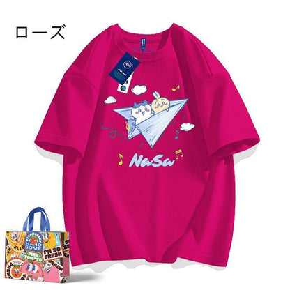 「tops」ちいかわ 紙飛行機 キャラクタープリント 男女兼用 ラウンドネック ルーズ 半袖Ｔシャツ 6色YS8473