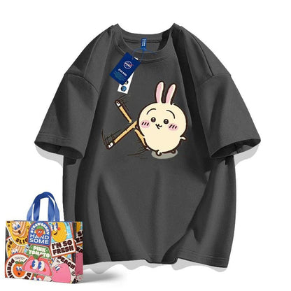 「tops」ちいかわ ウサギ カンフー キャラクター プリント 男女兼用 ラウンドネック 半袖Ｔシャツ 7色YS8378