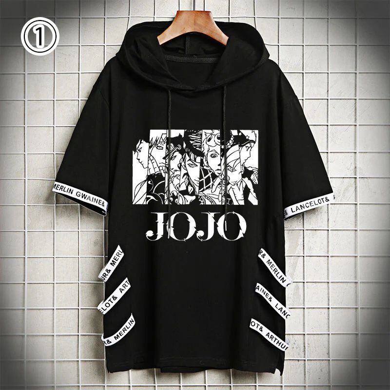 【人気急上昇中】「tops」JOJO キャラクター 人類の進化 漫画プリント フード付き 半袖Ｔシャツ 2色 7種類YS8568