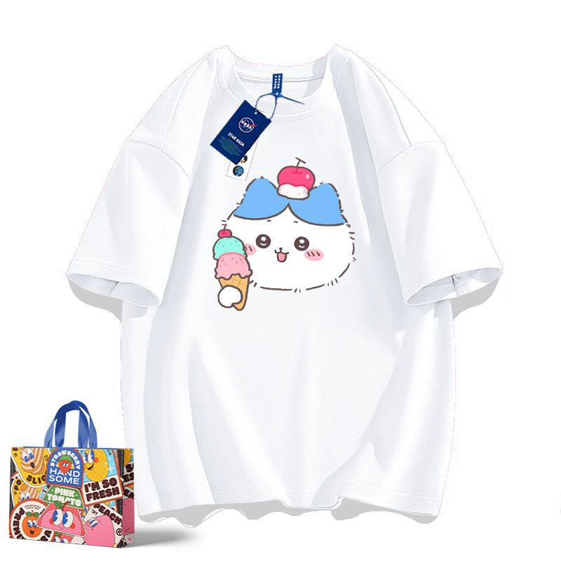 「tops」ちいかわ フワフワ ハチワレ キャラクター プリント 男女兼用 ラウンドネック 半袖Ｔシャツ 6色YS8492