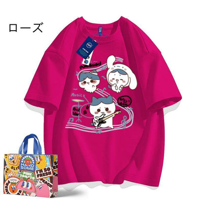 「tops」ちいかわ ハチワレ ギター キャラクター プリント 男女兼用 ラウンドネック 半袖Ｔシャツ 7色YS8513