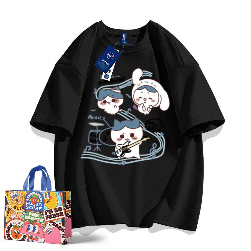 「tops」ちいかわ ハチワレ ギター キャラクター プリント 男女兼用 ラウンドネック 半袖Ｔシャツ 7色YS8513