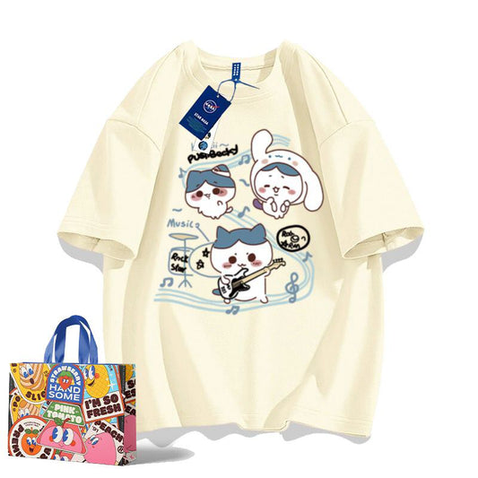 「tops」ちいかわ ハチワレ ギター キャラクター プリント 男女兼用 ラウンドネック 半袖Ｔシャツ 7色YS8513