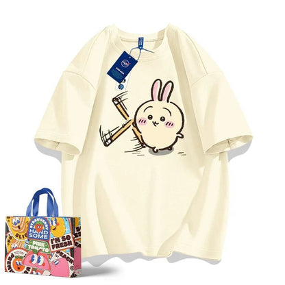 「tops」ちいかわ ウサギ カンフー キャラクター プリント 男女兼用 ラウンドネック 半袖Ｔシャツ 7色YS8378