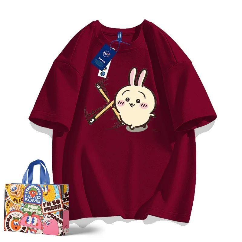 「tops」ちいかわ ウサギ カンフー キャラクター プリント 男女兼用 ラウンドネック 半袖Ｔシャツ 7色YS8378