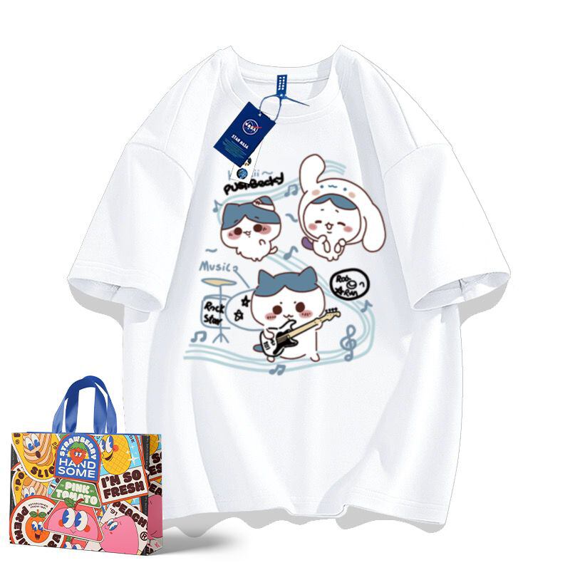 「tops」ちいかわ ハチワレ ギター キャラクター プリント 男女兼用 ラウンドネック 半袖Ｔシャツ 7色YS8513