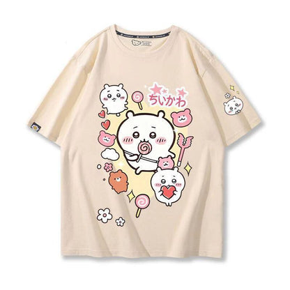 「tops」ちいかわ キャラクター プリント 男女兼用 ラウンドネック 半袖Ｔシャツ 7色YS8403