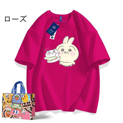 「tops」ちいかわ ウサギ ケーキ プリント 男女兼用 ラウンドネック ルーズ 半袖Ｔシャツ 9色YS8445