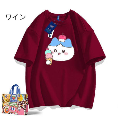 「tops」ちいかわ フワフワ ハチワレ キャラクター プリント 男女兼用 ラウンドネック 半袖Ｔシャツ 6色YS8492