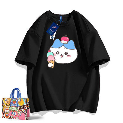 「tops」ちいかわ フワフワ ハチワレ キャラクター プリント 男女兼用 ラウンドネック 半袖Ｔシャツ 6色YS8492