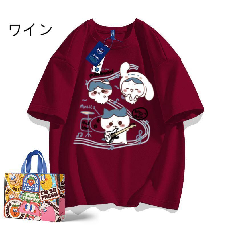 「tops」ちいかわ ハチワレ ギター キャラクター プリント 男女兼用 ラウンドネック 半袖Ｔシャツ 7色YS8513